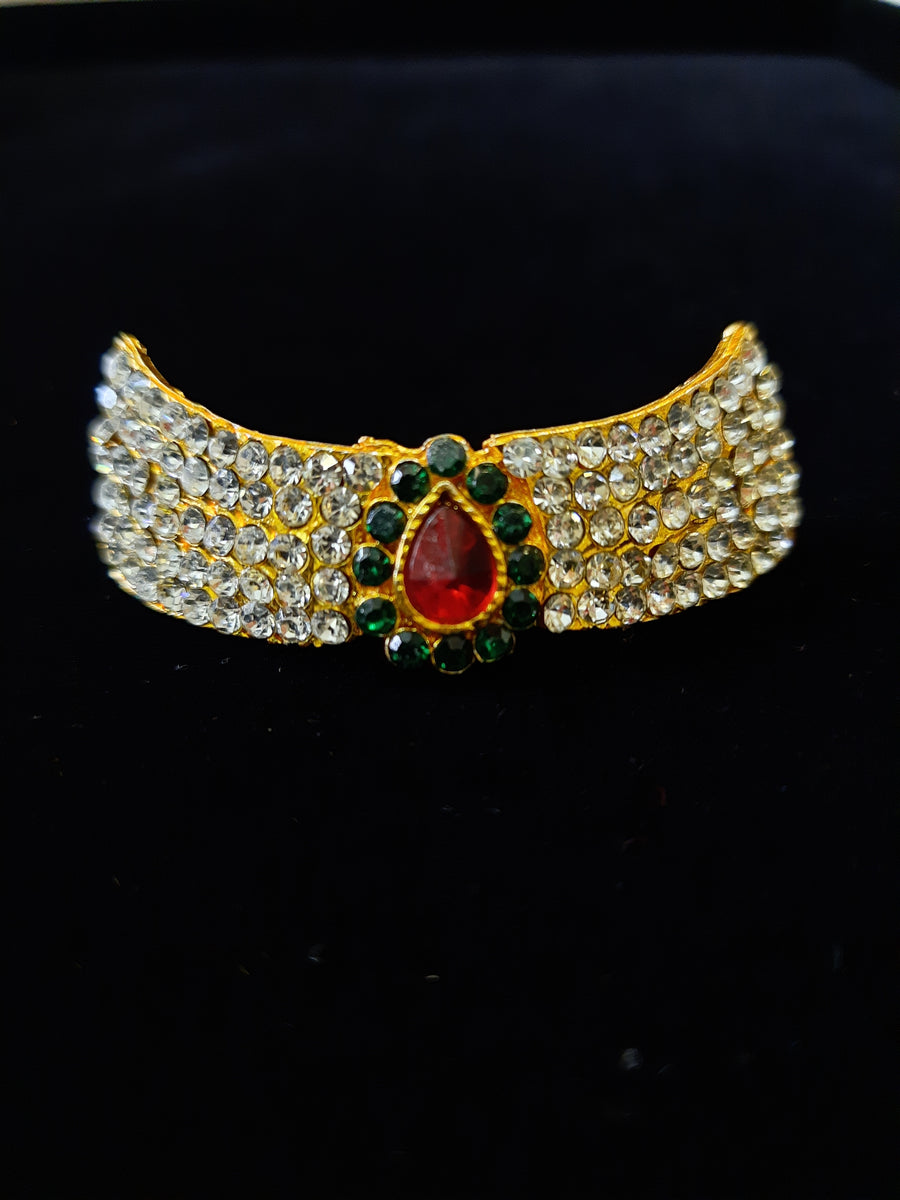 Short Necklace (Addigai) - Red, Green & White stones on gold plated metal alloy - Length: 0.75 inches, Width: 7 inches