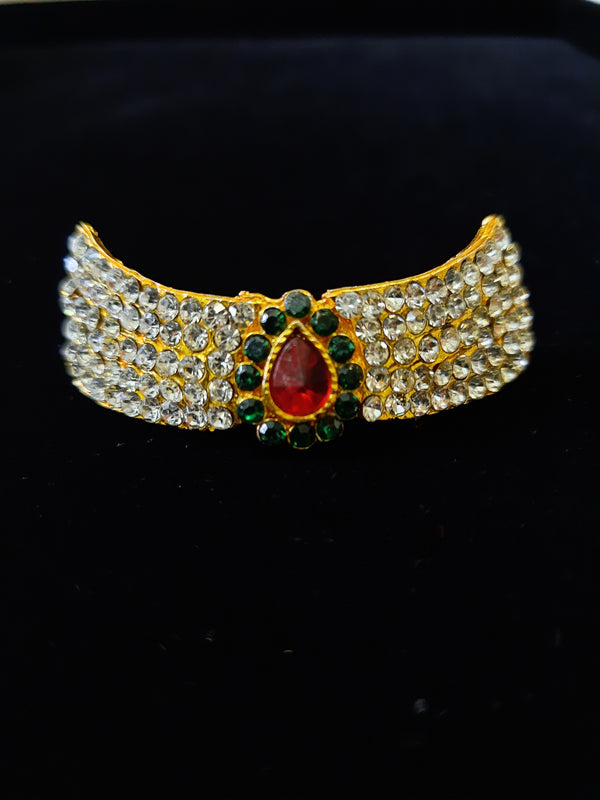 Short Necklace (Addigai) - Red, Green & White stones on gold plated metal alloy - Length: 0.75 inches, Width: 7 inches