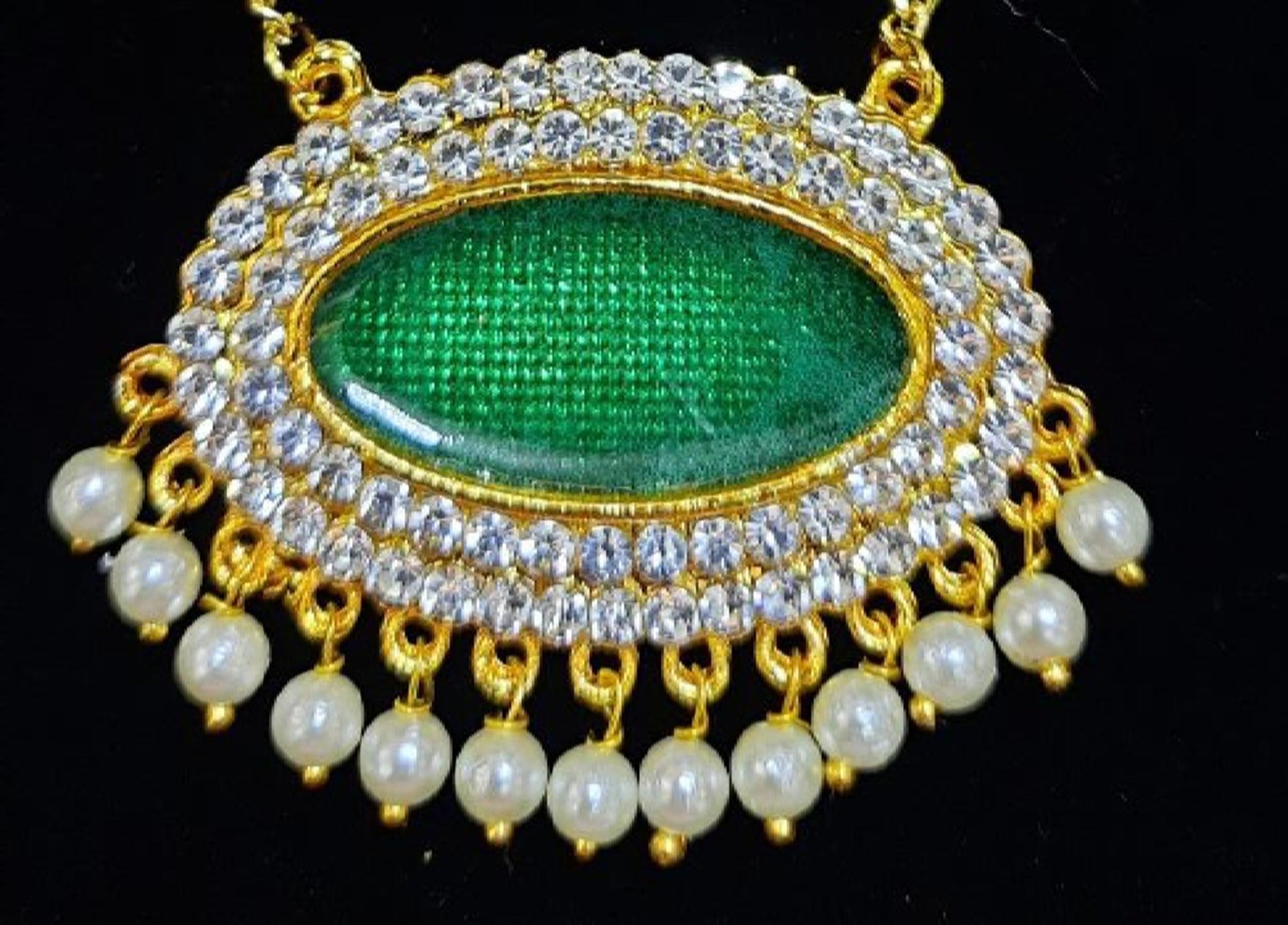 Grand Pendants - Green & White stones on gold plated metal alloy - Pendant width: 2 inches, Pendant height: 1.5 inches 1