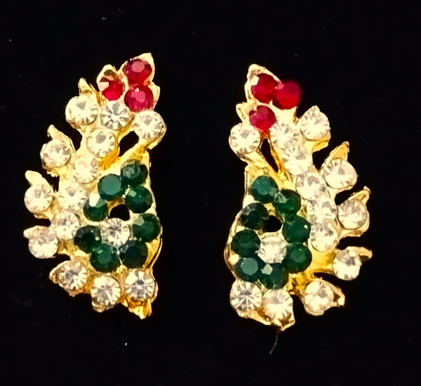 Temple Ear Studs – Minimal Divine Stone Earrings - Red, Green & White stones on gold plated metal alloy - Length: 1 inches