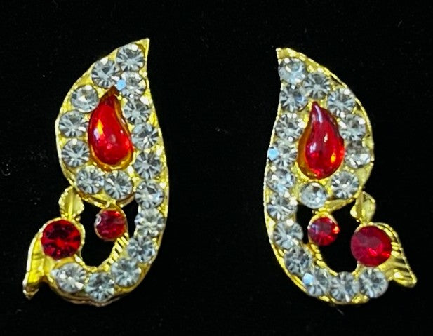 Temple Ear Studs – Minimal Divine Stone Earrings - Red & White stones on gold plated metal alloy - Length: 1 inch 1