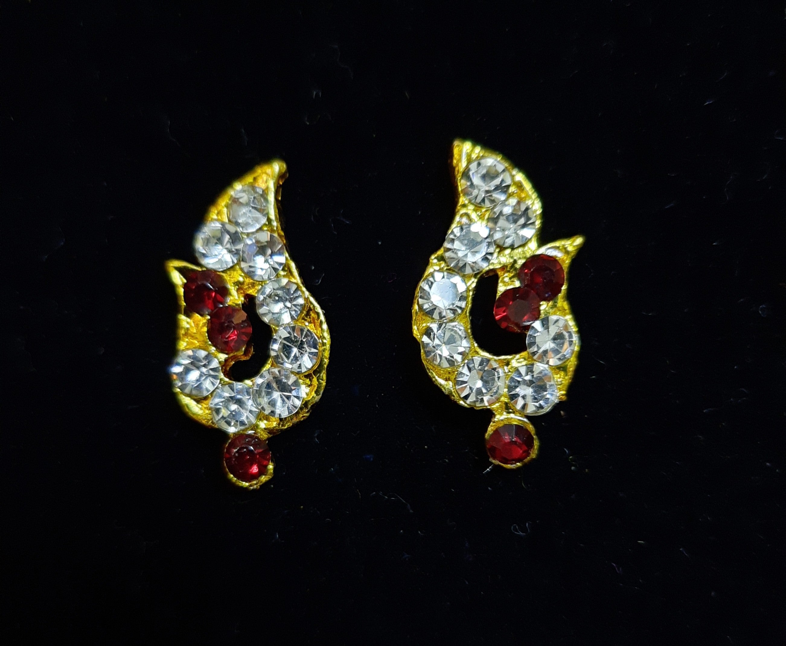 Temple Ear Studs – Minimal Divine Stone Earrings - Red & White stones on gold plated metal alloy - Length: 2 cms 1