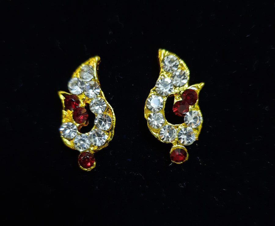 Temple Ear Studs – Minimal Divine Stone Earrings - Red & White stones on gold plated metal alloy - Length: 2 cms