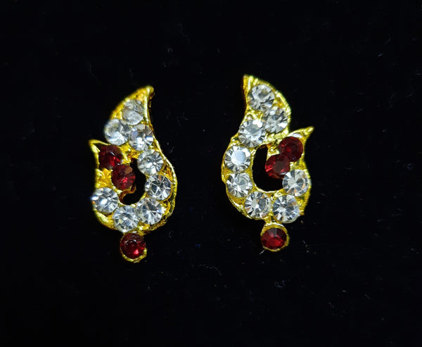 Temple Ear Studs – Minimal Divine Stone Earrings - Red & White stones on gold plated metal alloy - Length: 2 cms