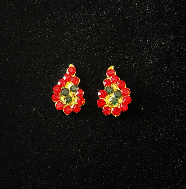 Temple Ear Studs – Minimal Divine Stone Earrings - Red & Green stones on gold plated metal alloy - Length: 2 cms
