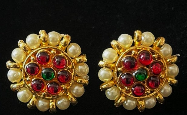 Temple Ear Studs – Minimal Divine Stone Earrings - Red & Green stones with & White pearls on gold plated metal alloy - Length: 2 cms