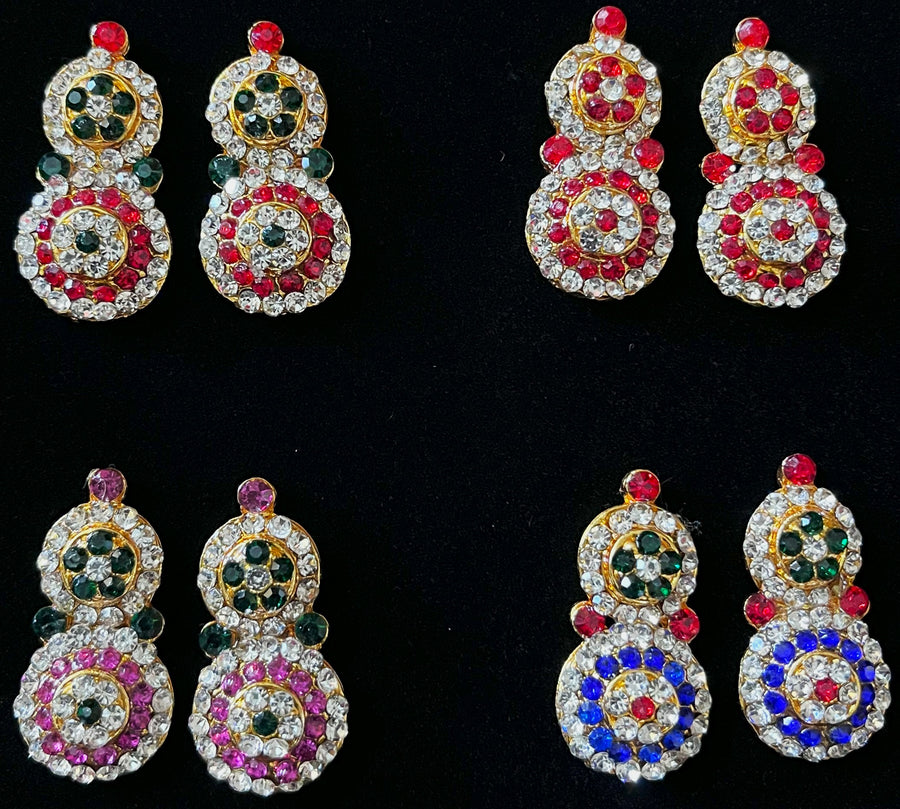 Temple Earrings – Traditional Balaji Design - Red, Green & White stones / Red, Green, Blue & White stones / Red & White stones / Pink, green & white stones on gold plated metal alloy - Length: 1.5 inches
