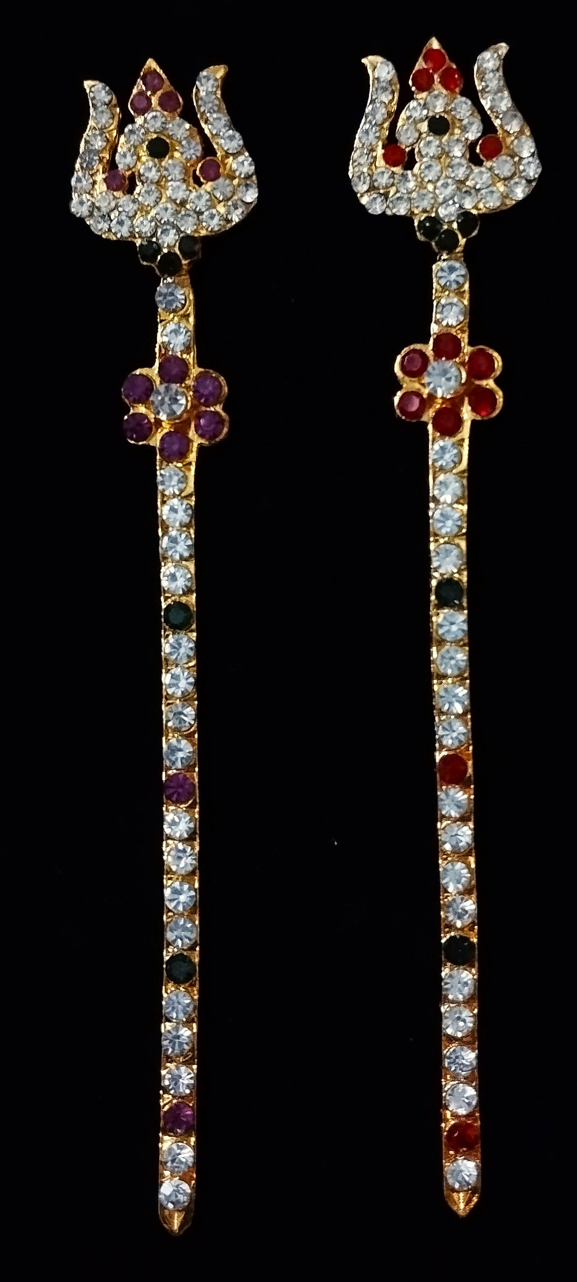 Trishul - Durga, Kali, Shiva Ayudha - Red, green and white stones / Pink, green & white stones on gold plated metal alloy - Length: 5 inches 1