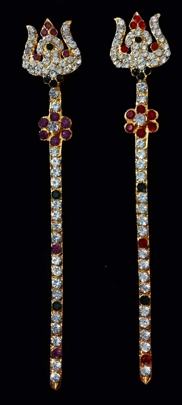 Trishul - Durga, Kali, Shiva Ayudha - Red, green and white stones / Pink, green & white stones on gold plated metal alloy - Length: 5 inches
