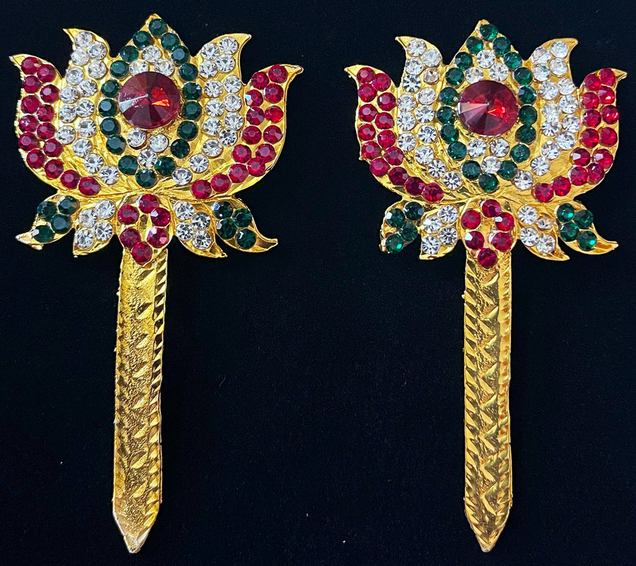 Padma Alankaram Set – Goddess Lakshmi Lotus Collection - Red, green and white stones / red & white stones on gold plated metal alloy - Length: 3.5 inches
