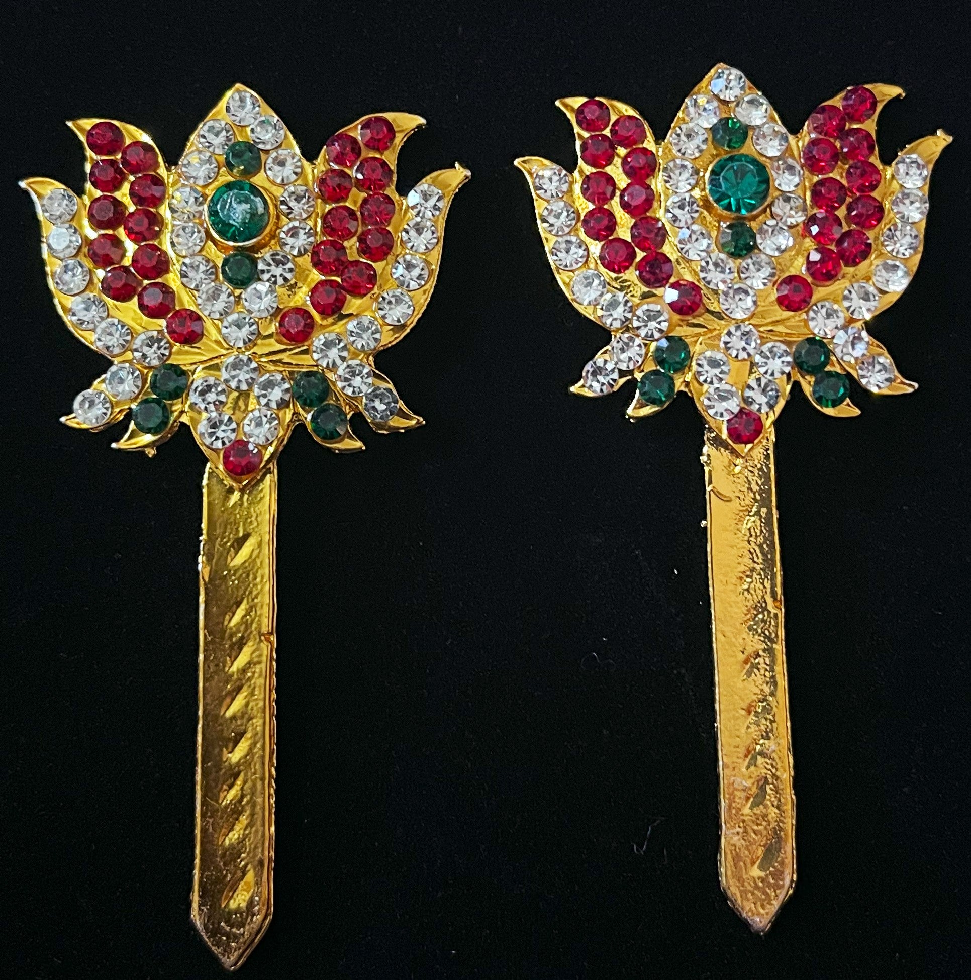 Padma Alankaram Set – Goddess Lakshmi Lotus Collection - Red, green and white stones on gold plated metal alloy - Length: 2.75 inches
