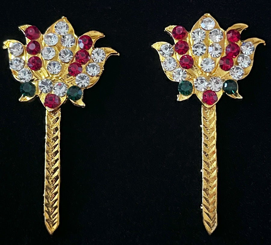 Padma Alankaram Set – Goddess Lakshmi Lotus Collection - Red, green and white stones on gold plated metal alloy - Length: 2 inches
