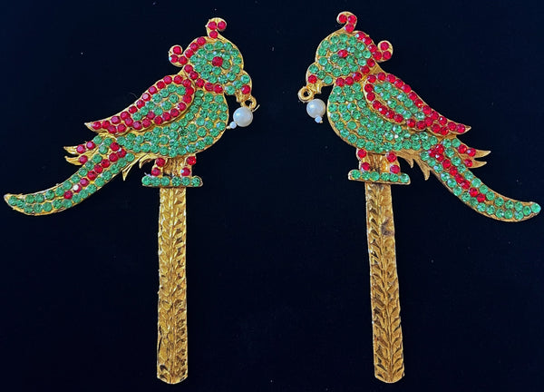 Parrot (Kili) Ornament – Andal & Goda Devi Signature Accessory - Red & Green stones on Gold plated metal alloy - Length: 4.5 inches