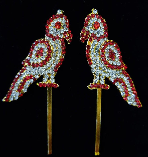 Parrot (Kili) Ornament – Andal & Goda Devi Signature Accessory - Red & White stones on Gold plated metal alloy - Length: 3 inches