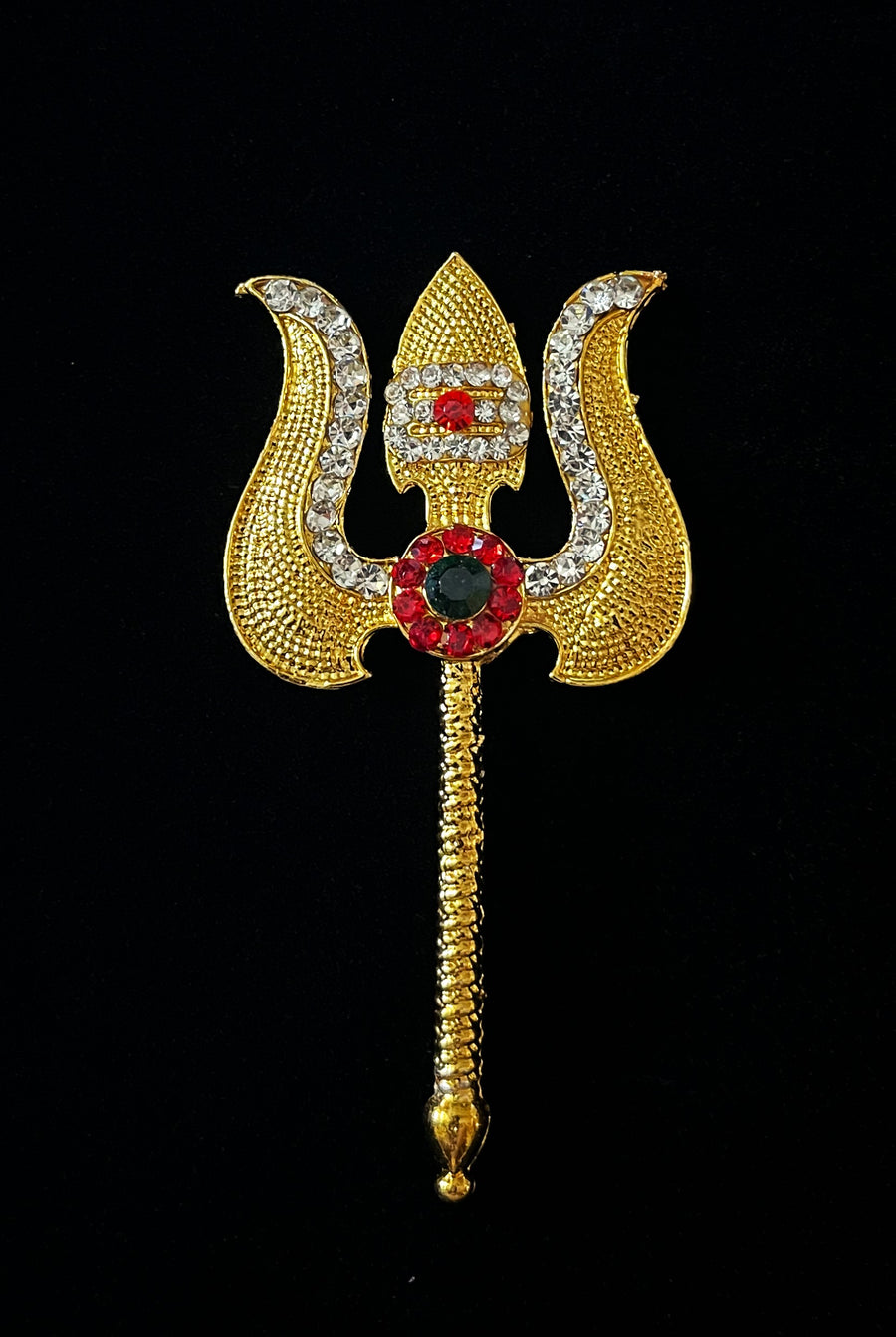Trishul - Durga, Kali, Shiva Ayudha - Red, green and white stones on gold plated metal alloy - Length: 3 inches
