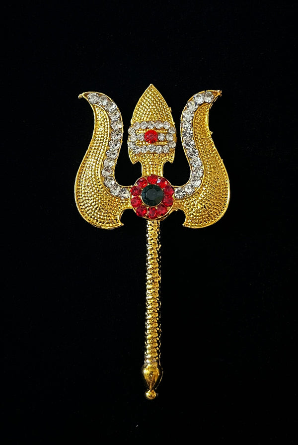 Trishul - Durga, Kali, Shiva Ayudha - Red, green and white stones on gold plated metal alloy - Length: 3 inches