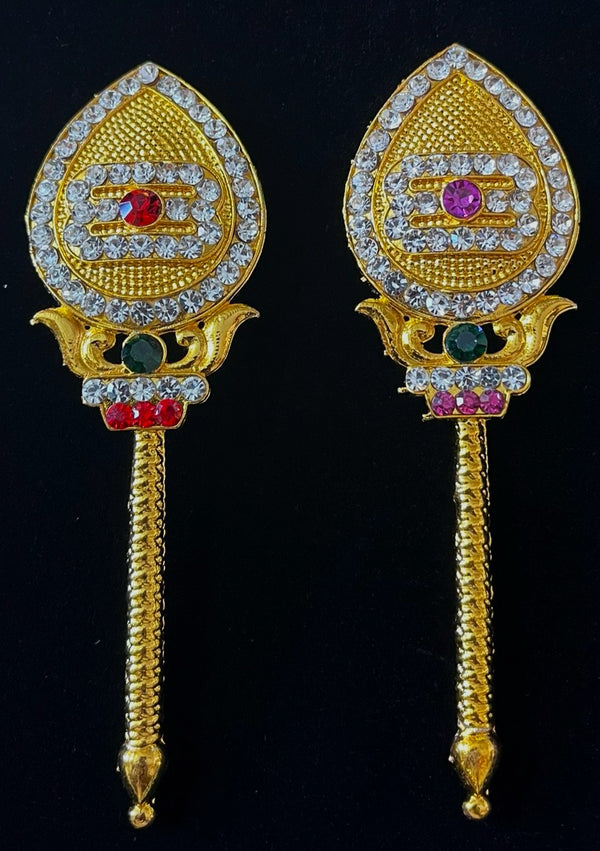 Veil - Durga, Murugan Ayudha - Red, green and white stones / Pink, green and white stones on gold plated metal alloy - Length: 4 inches