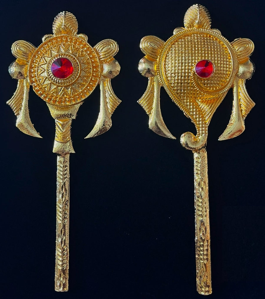 Shanku Chakra Ayudha Set – Lord Vishnu / Balaji Symbols - Red stone on gold plated metal alloy - Length: 4.5 inches
