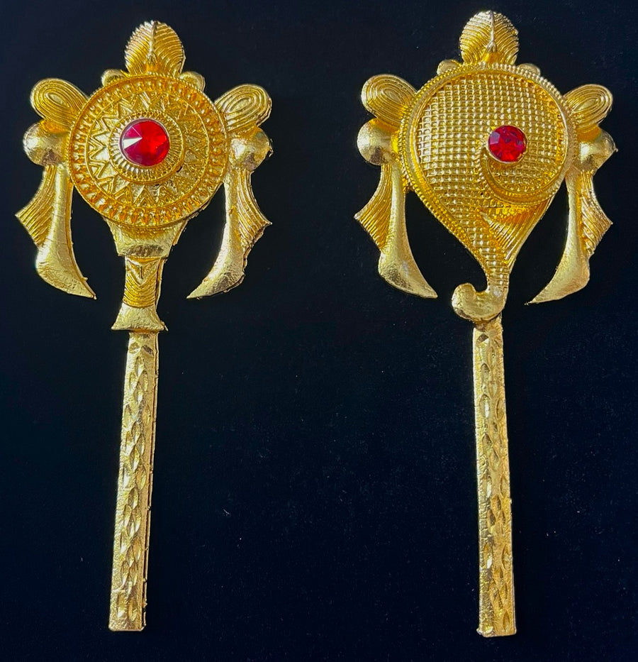 Shanku Chakra Ayudha Set – Lord Vishnu / Balaji Symbols - Red stone on gold plated metal alloy - Length: 2 inches
