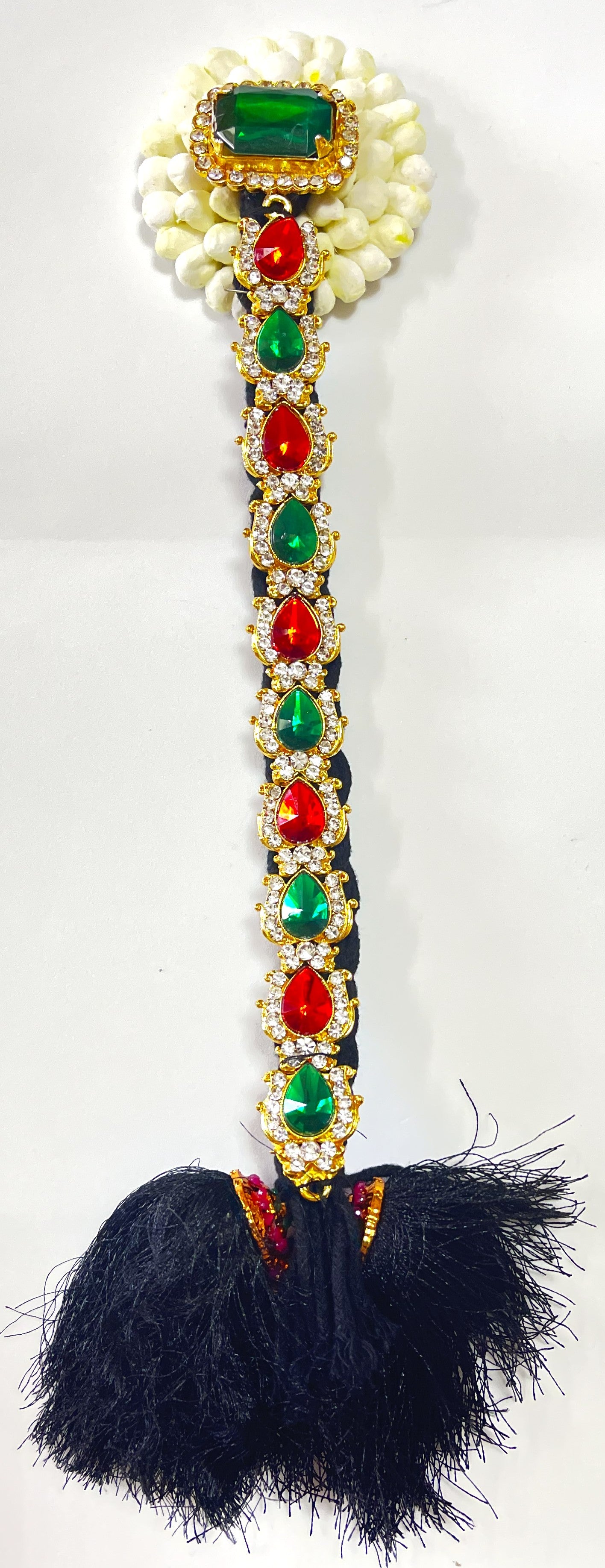 Temple Jada Alankaram – Complete Bridal Hair Ornament Set - Red, Green & White stones /  Red & White stones / Pink, green & white stones on gold plated metal alloy with artificial hair jada - Length: 13 inches 3