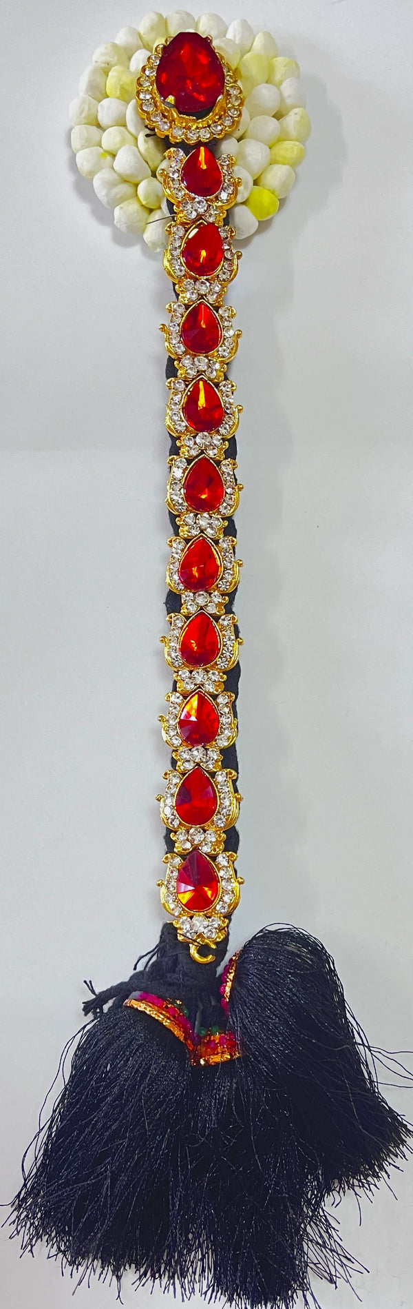Temple Jada Alankaram – Complete Bridal Hair Ornament Set - Red, Green & White stones /  Red & White stones / Pink, green & white stones on gold plated metal alloy with artificial hair jada - Length: 13 inches