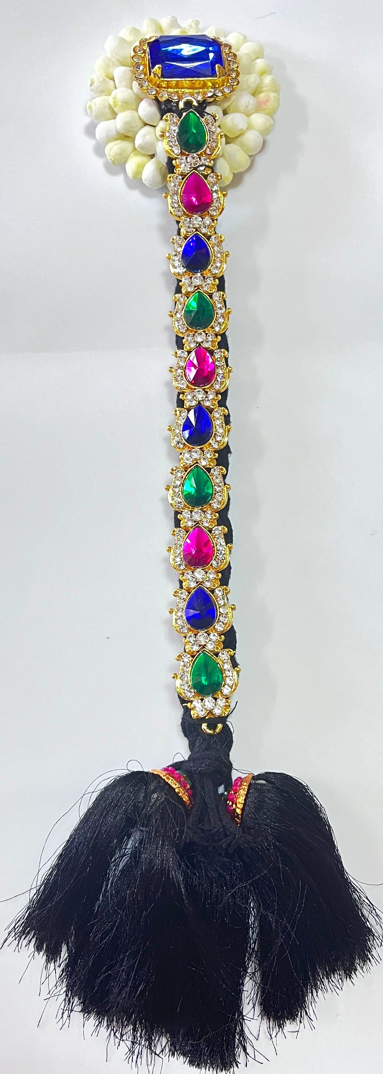 Temple Jada Alankaram – Complete Bridal Hair Ornament Set - Red, Green & White stones /  Red & White stones / Pink, green & white stones on gold plated metal alloy with artificial hair jada - Length: 13 inches 2