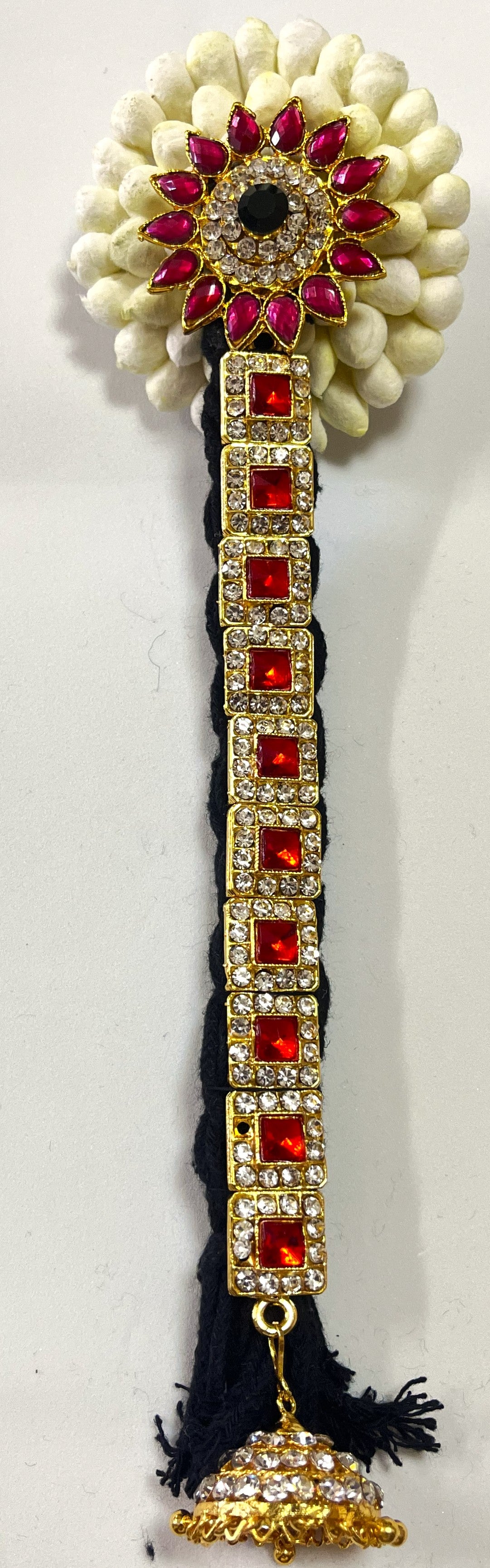 Temple Jada Alankaram – Complete Bridal Hair Ornament Set - Red & White stones / Pink, green & white stones on gold plated metal alloy with artificial hair jada - Length: 9.5 inches 2