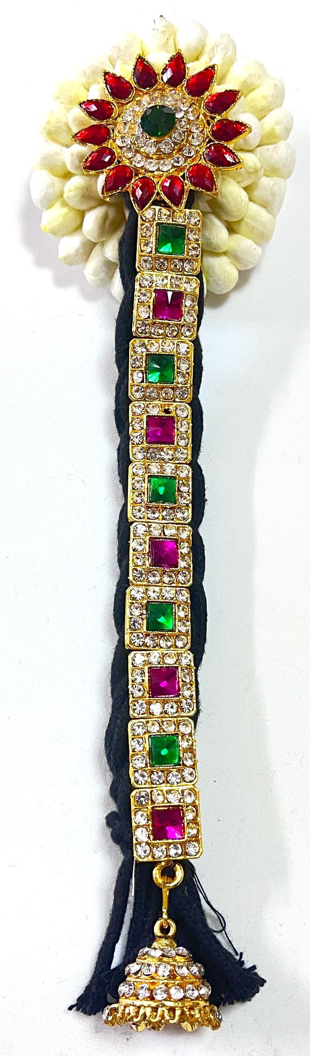 Temple Jada Alankaram – Complete Bridal Hair Ornament Set - Red & White stones / Pink, green & white stones on gold plated metal alloy with artificial hair jada - Length: 9.5 inches 1