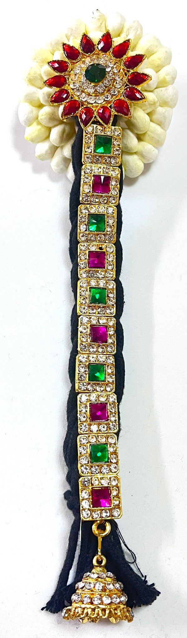 Temple Jada Alankaram – Complete Bridal Hair Ornament Set - Red & White stones / Pink, green & white stones on gold plated metal alloy with artificial hair jada - Length: 9.5 inches