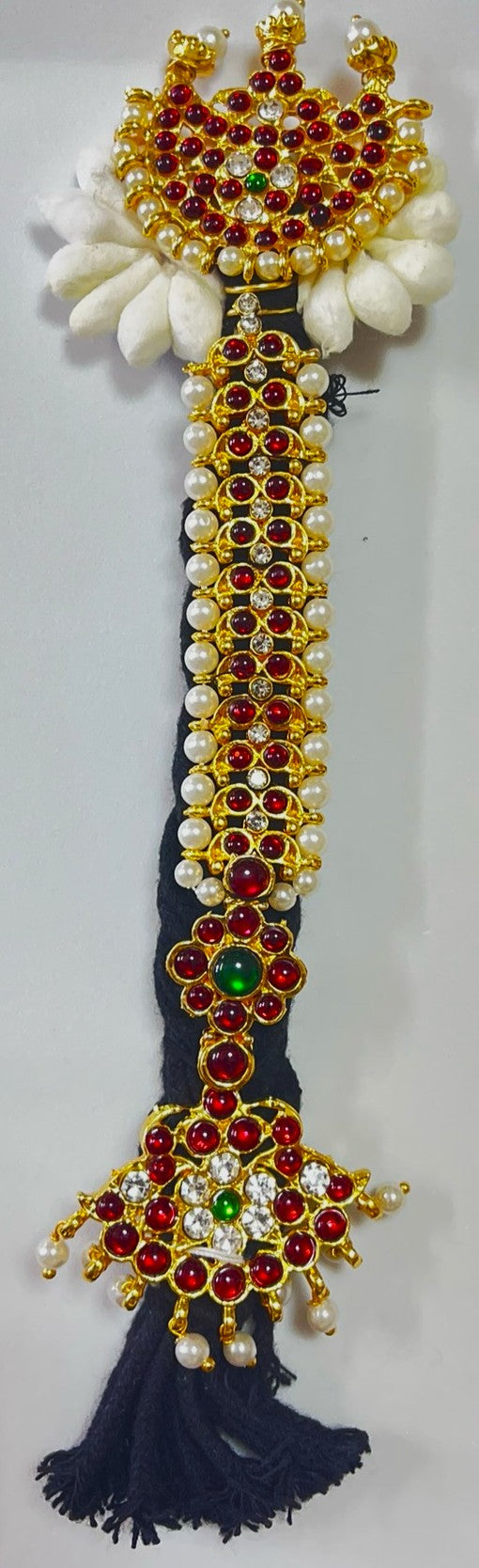 Temple Jada Alankaram – Complete Bridal Hair Ornament Set - Red, Green & White stones and pearls on gold plated metal alloy with artificial hair jada - Length: 8 inches