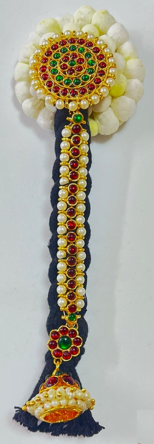 Temple Jada Alankaram – Complete Bridal Hair Ornament Set - Red, Green & White stones and pearls on gold plated metal alloy with artificial hair jada - Length: 6.5 inches 1