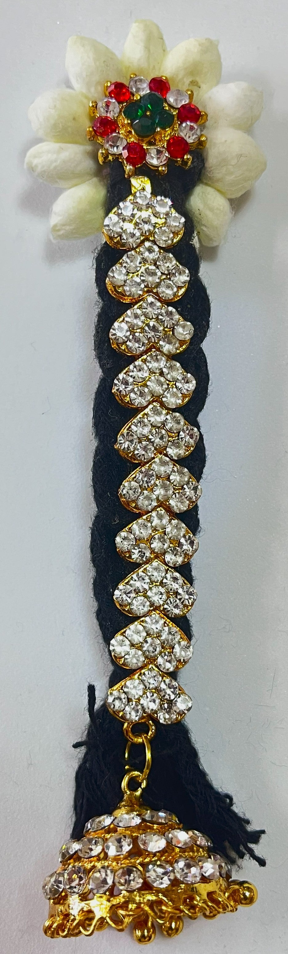 Temple Jada Alankaram – Complete Bridal Hair Ornament Set - Red & White stones / white stones / red & white stones on gold plated metal alloy with artificial hair jada - Length: 5.5 inches 3
