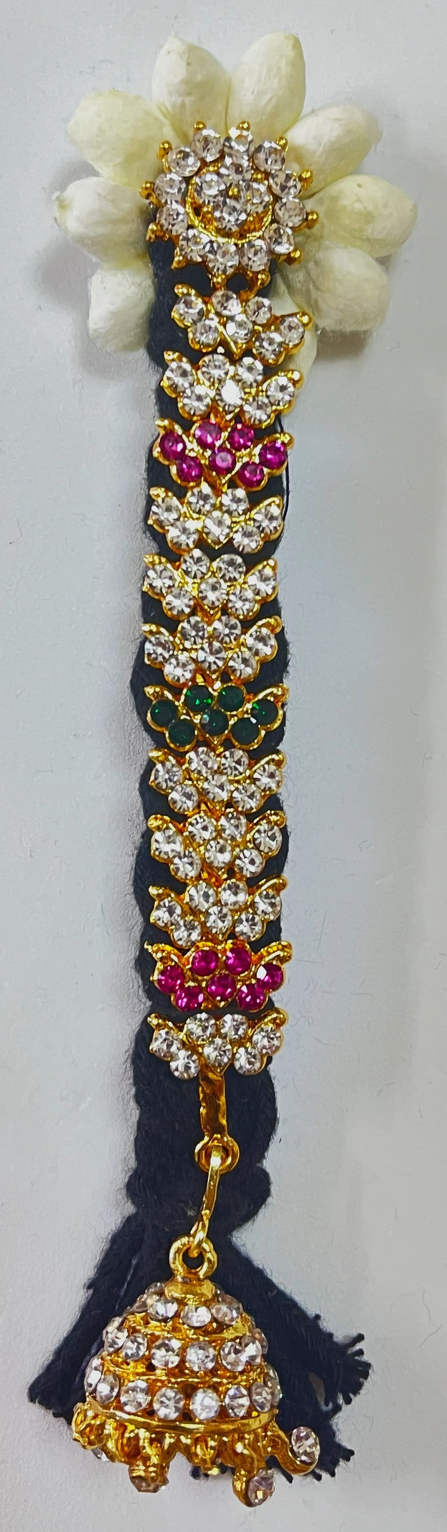 Temple Jada Alankaram – Complete Bridal Hair Ornament Set - Red & White stones / white stones / red & white stones on gold plated metal alloy with artificial hair jada - Length: 5.5 inches 2