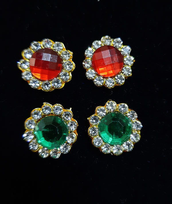 Temple Ear Studs – Minimal Divine Stone Earrings - Red & White / White & Green stones on gold plated metal alloy - Length: 1 cm