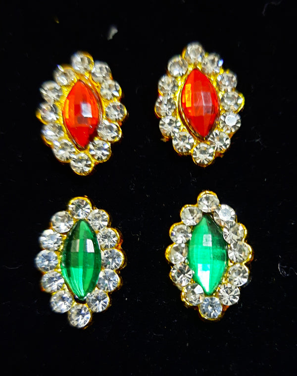 Temple Ear Studs – Minimal Divine Stone Earrings - Red & White / White & Green stones on gold plated metal alloy - Length: 1.5 cms