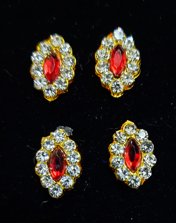 Temple Ear Studs – Minimal Divine Stone Earrings - Red & White stones on gold plated metal alloy - Length: 1.2 cms
