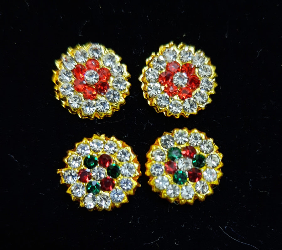 Temple Ear Studs – Minimal Divine Stone Earrings - Red & White / Red, White & Green stones on gold plated metal alloy - Length: 1 cms