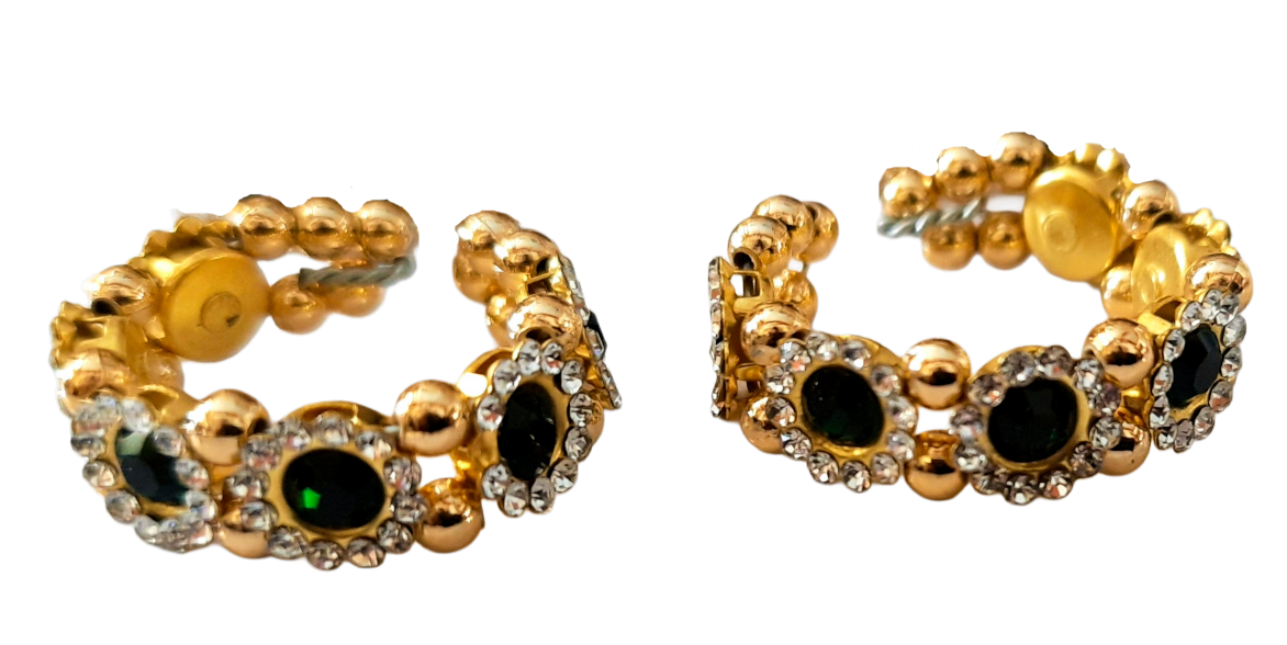 Adjustable Temple Bangles – Flexible Fit for All Idols - White & Green stones on gold plated metal alloy - Diameter: 2 cms