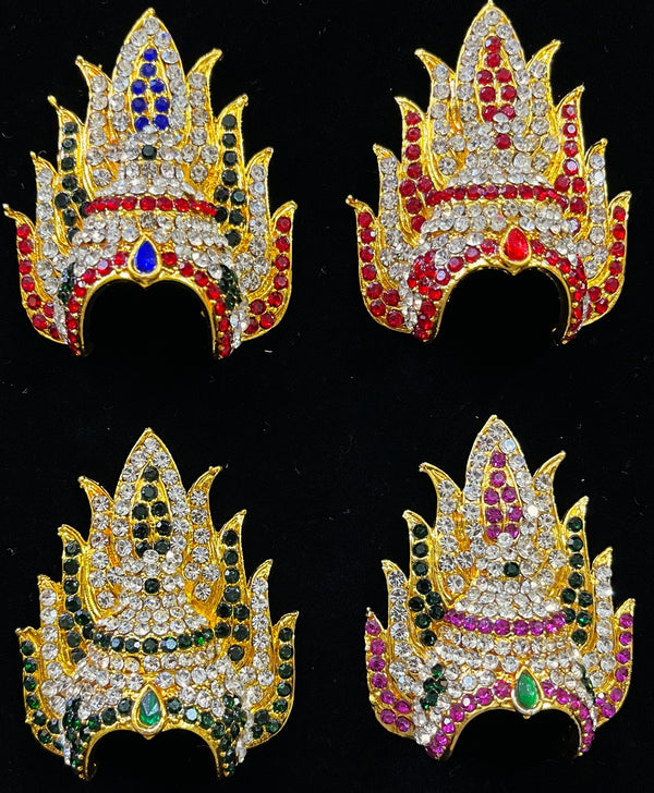Agni Prabha Crown with Flame & Serpent - Red & White stones / Red, white, blue & green stones / Green & White stones/ Pink, white & Green stones on gold plated metal alloy - Length: 2 inches, Width: 1.5 inches