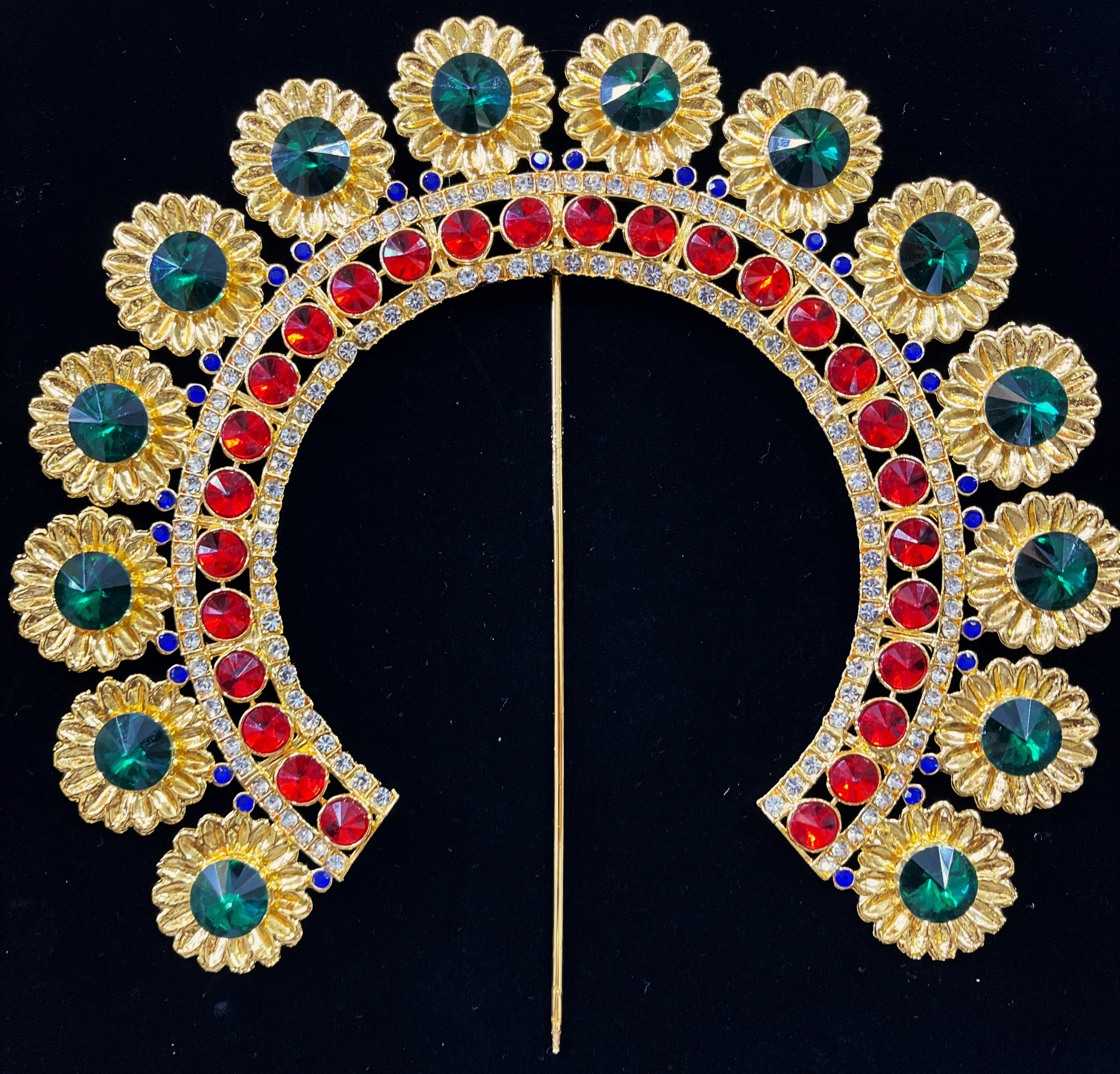 Prabhavali – Divine Arch Design - Red & white stones / Green & White stones / Red, green & white stones / Red, green, blue & white stones / Pink, green & white stones on gold plated metal alloy - Length: 7.5 inches 5