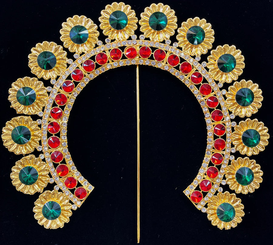 Prabhavali – Divine Arch Design - Red & white stones / Green & White stones / Red, green & white stones / Red, green, blue & white stones / Pink, green & white stones on gold plated metal alloy - Length: 7.5 inches