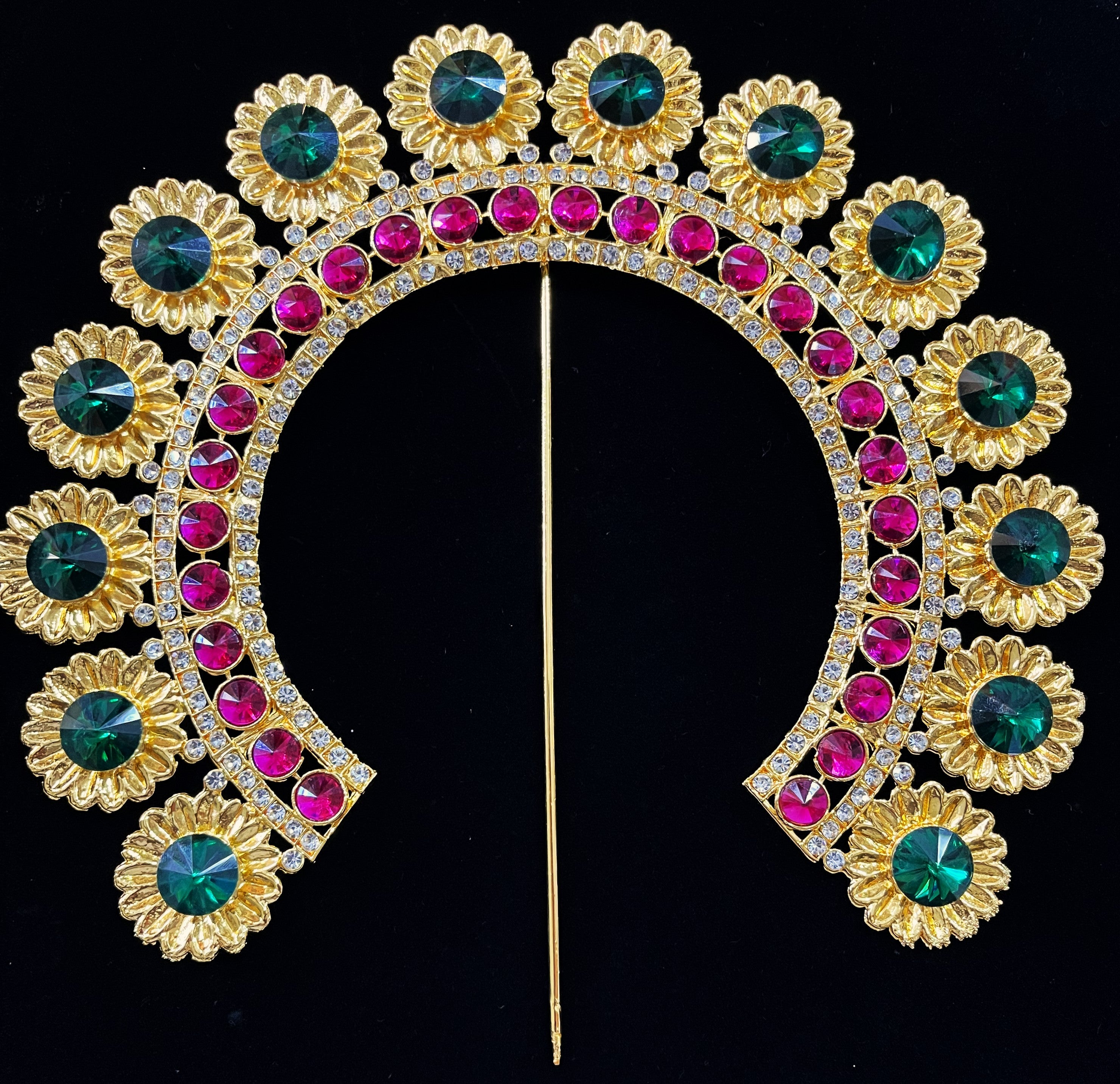 Prabhavali – Divine Arch Design - Red & white stones / Green & White stones / Red, green & white stones / Red, green, blue & white stones / Pink, green & white stones on gold plated metal alloy - Length: 7.5 inches 4
