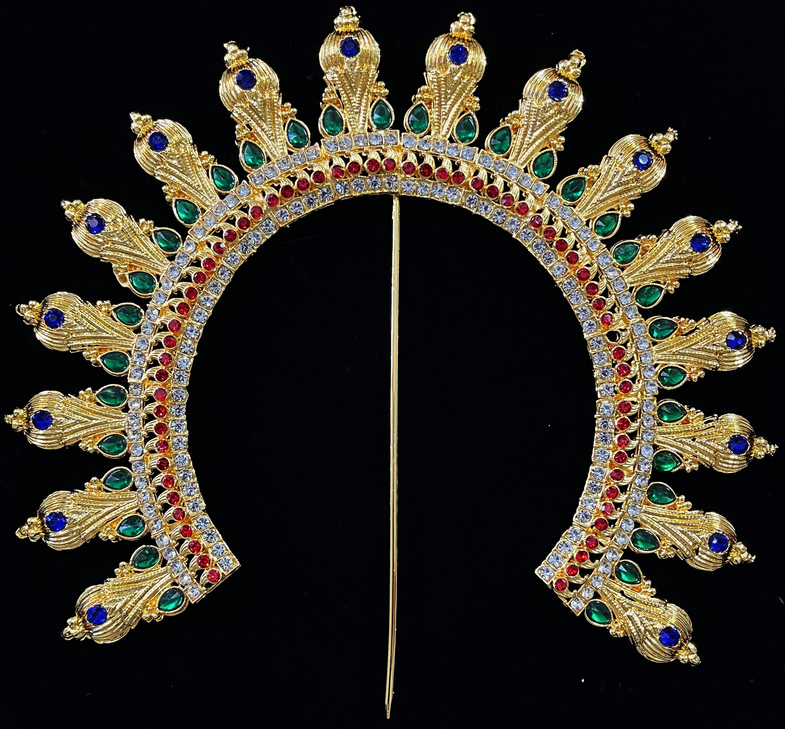 Prabhavali – Divine Arch Design - Red & white stones / Green & White stones / Red, green & white stones / Red, green, blue & white stones / Pink, green & white stones on gold plated metal alloy - Length: 7 inches 5