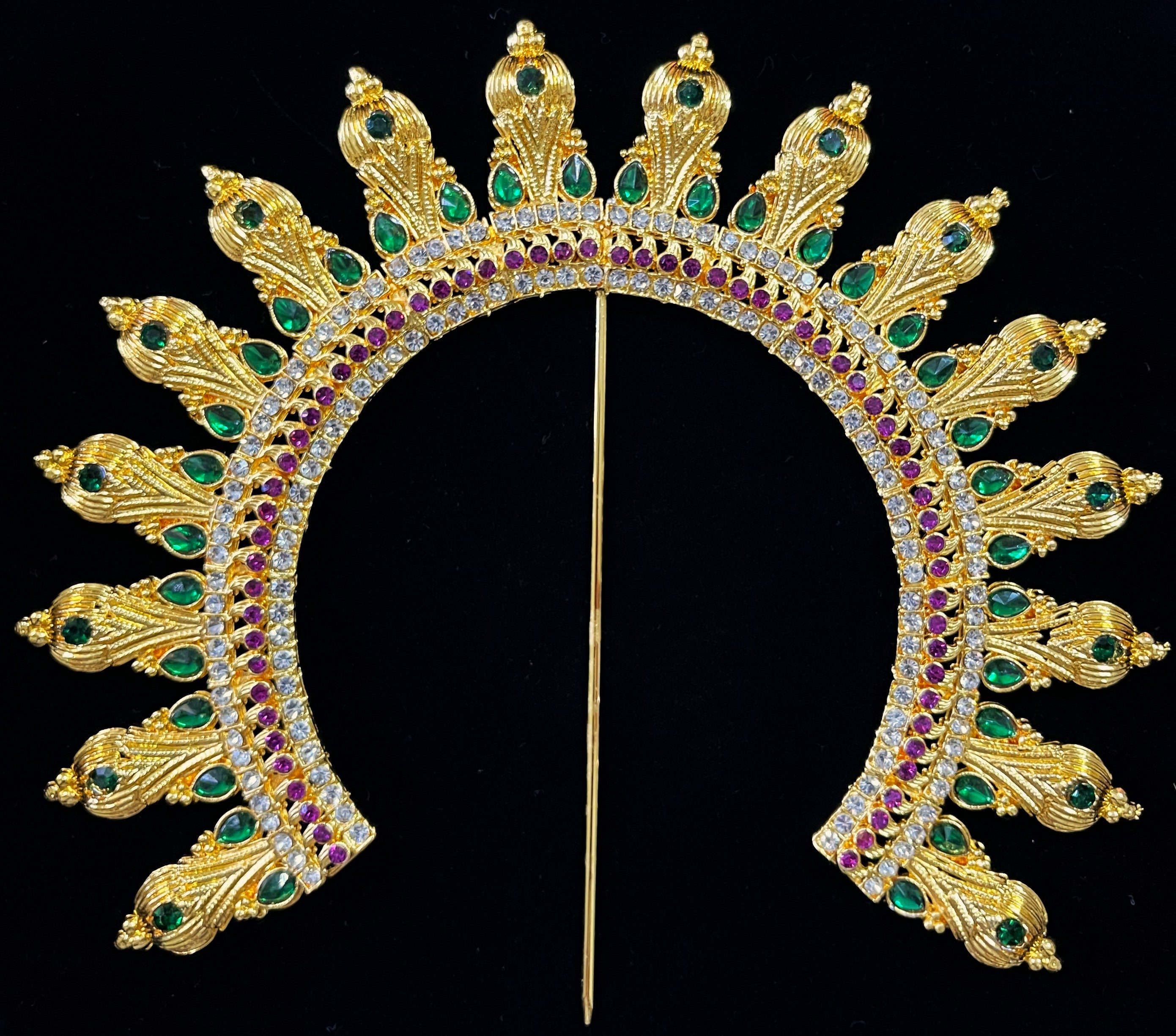 Prabhavali – Divine Arch Design - Red & white stones / Green & White stones / Red, green & white stones / Red, green, blue & white stones / Pink, green & white stones on gold plated metal alloy - Length: 7 inches 2