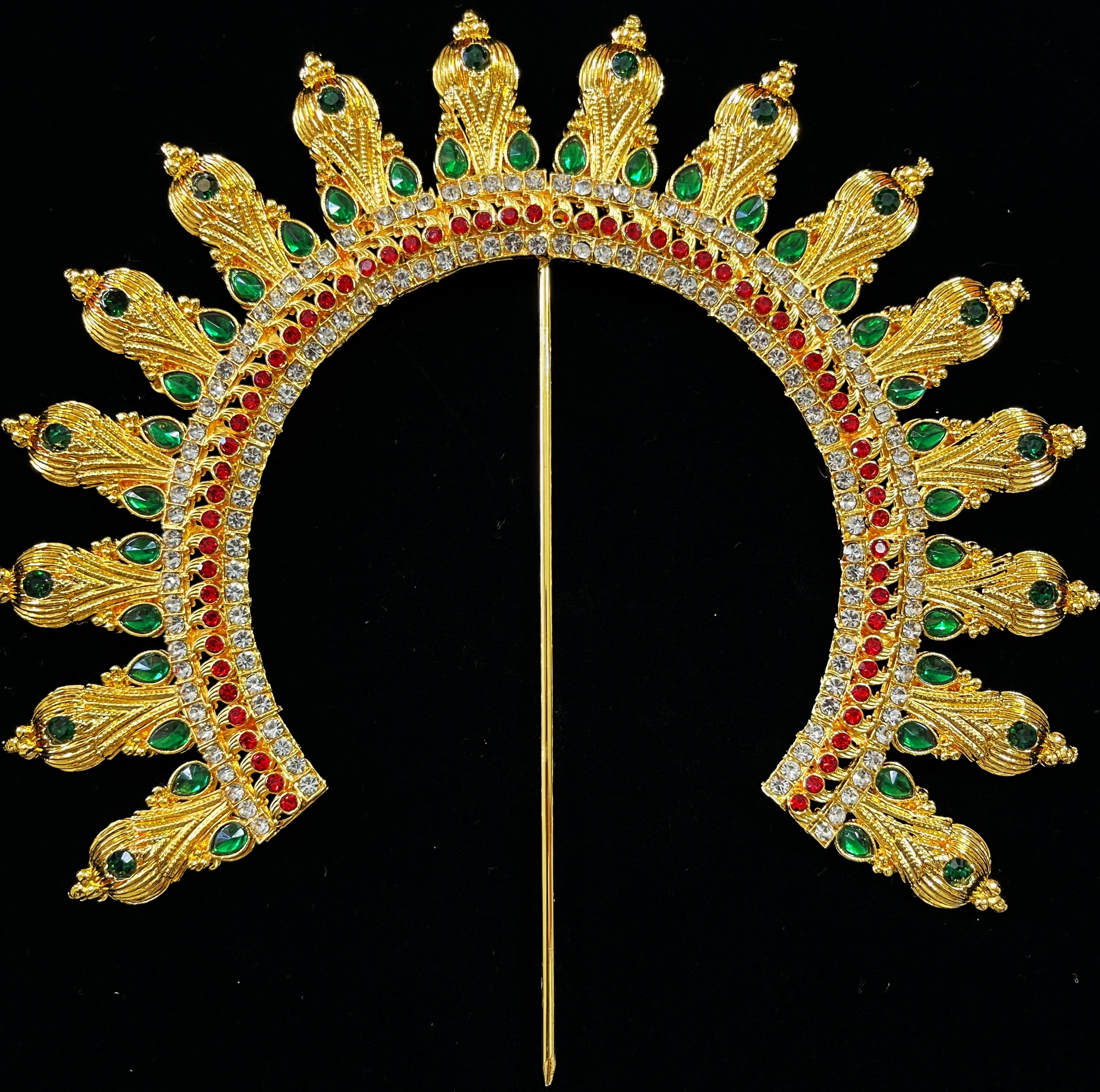 Prabhavali – Divine Arch Design - Red & white stones / Green & White stones / Red, green & white stones / Red, green, blue & white stones / Pink, green & white stones on gold plated metal alloy - Length: 7 inches 3
