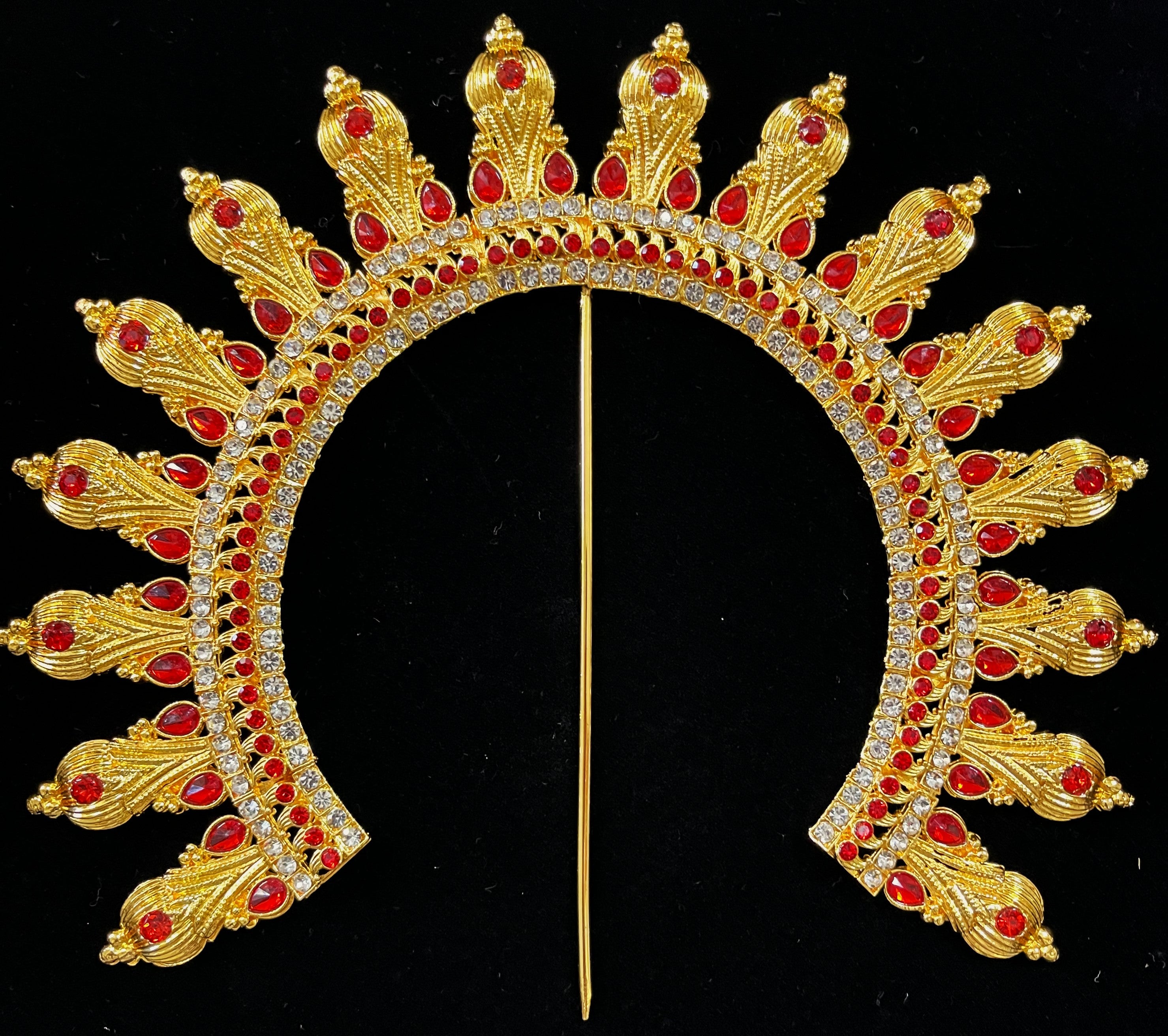 Prabhavali – Divine Arch Design - Red & white stones / Green & White stones / Red, green & white stones / Red, green, blue & white stones / Pink, green & white stones on gold plated metal alloy - Length: 7 inches 4