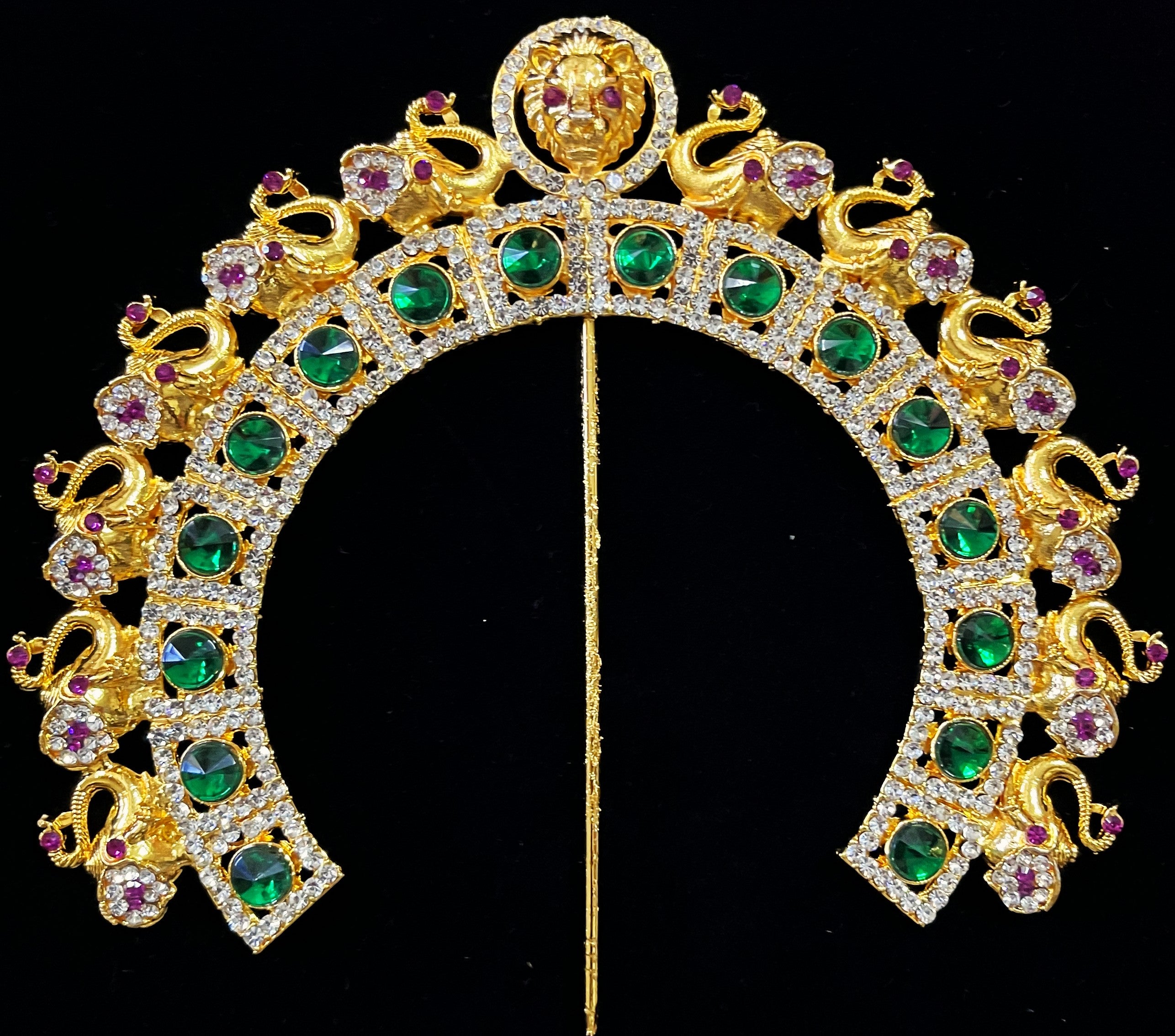Prabhavali – Divine Arch Design - Red & white stones / Green & White stones / Red, green & white stones / Red & white stones / Pink, green & white stones / Blue & White stones on gold plated metal alloy - Length: 6 inches 6