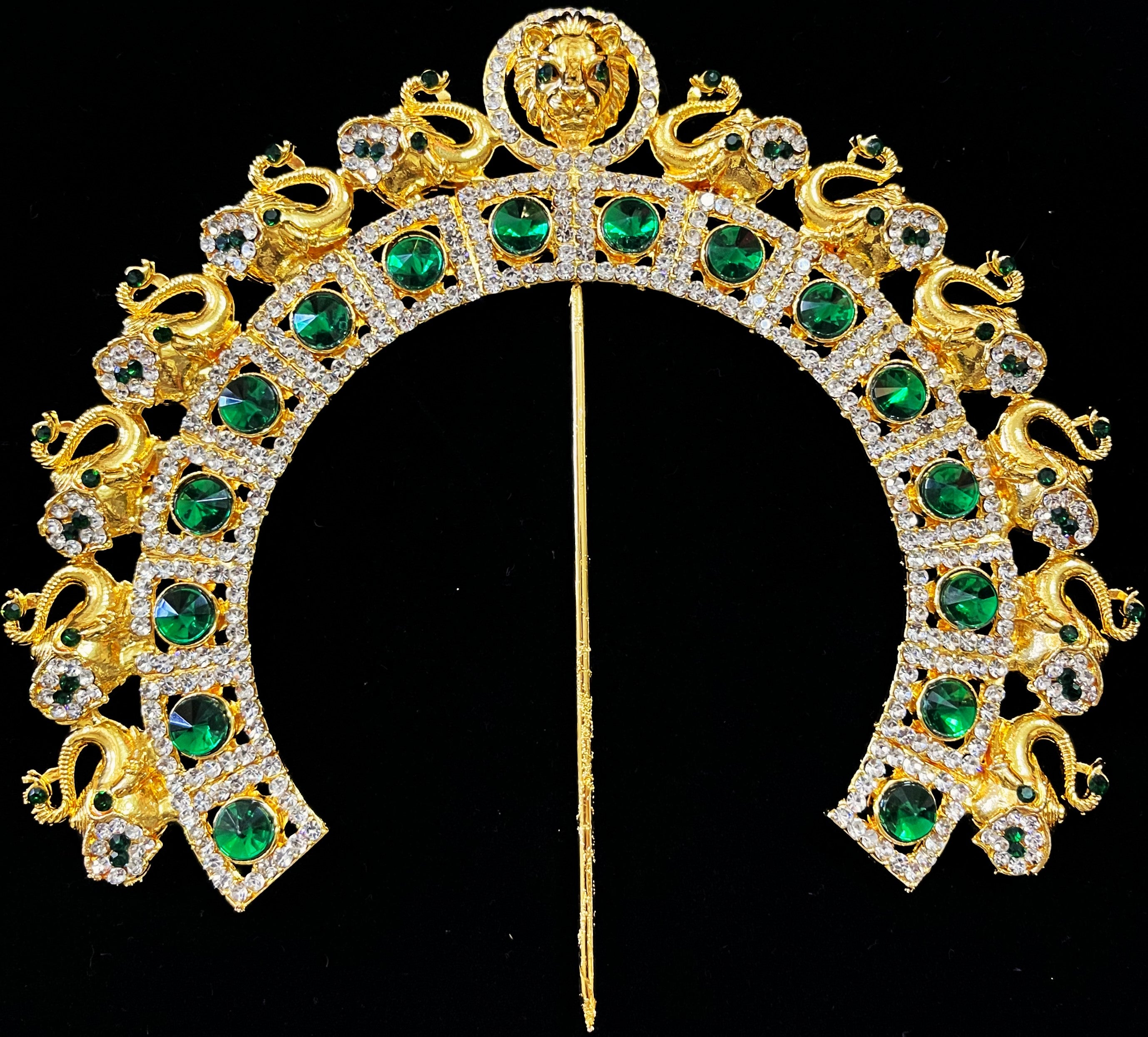 Prabhavali – Divine Arch Design - Red & white stones / Green & White stones / Red, green & white stones / Red & white stones / Pink, green & white stones / Blue & White stones on gold plated metal alloy - Length: 6 inches 1