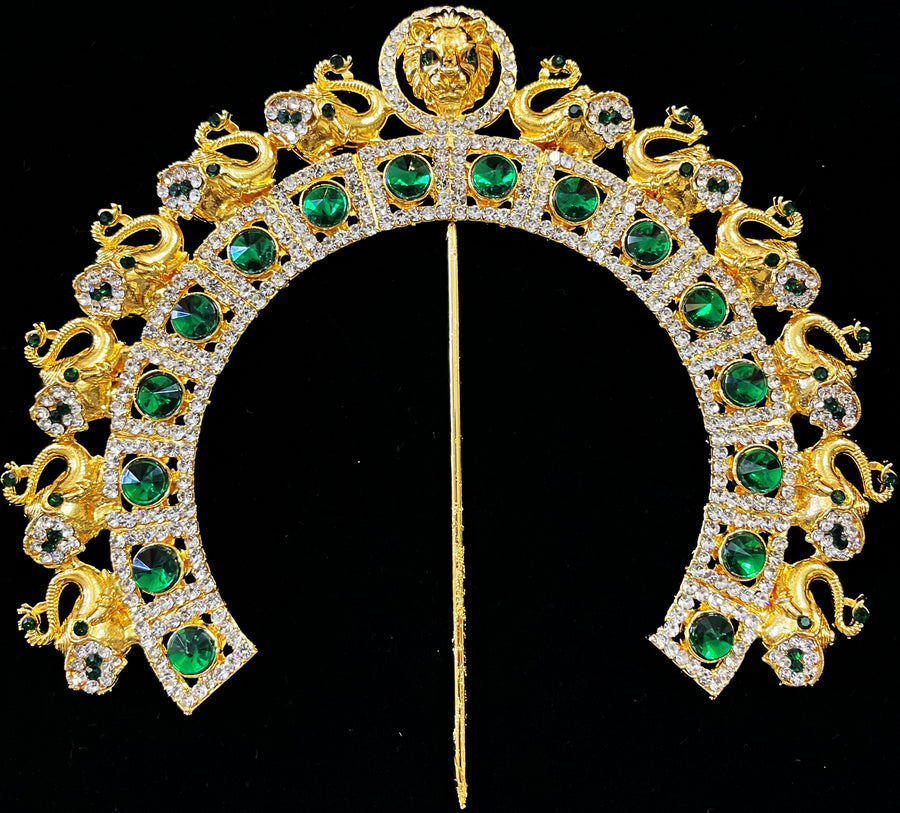 Prabhavali – Divine Arch Design - Red & white stones / Green & White stones / Red, green & white stones / Red & white stones / Pink, green & white stones / Blue & White stones on gold plated metal alloy - Length: 6 inches