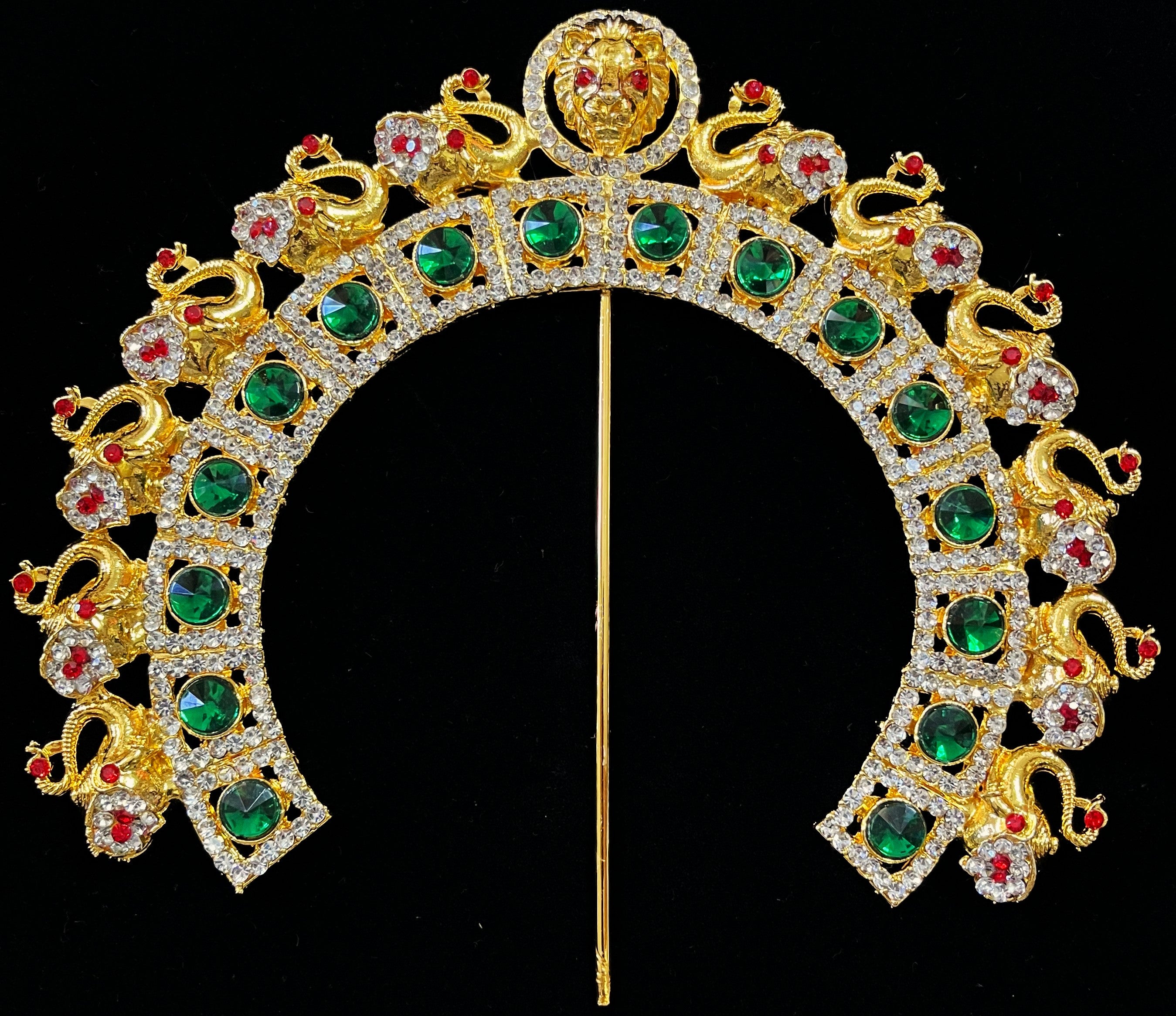 Prabhavali – Divine Arch Design - Red & white stones / Green & White stones / Red, green & white stones / Red & white stones / Pink, green & white stones / Blue & White stones on gold plated metal alloy - Length: 6 inches 2